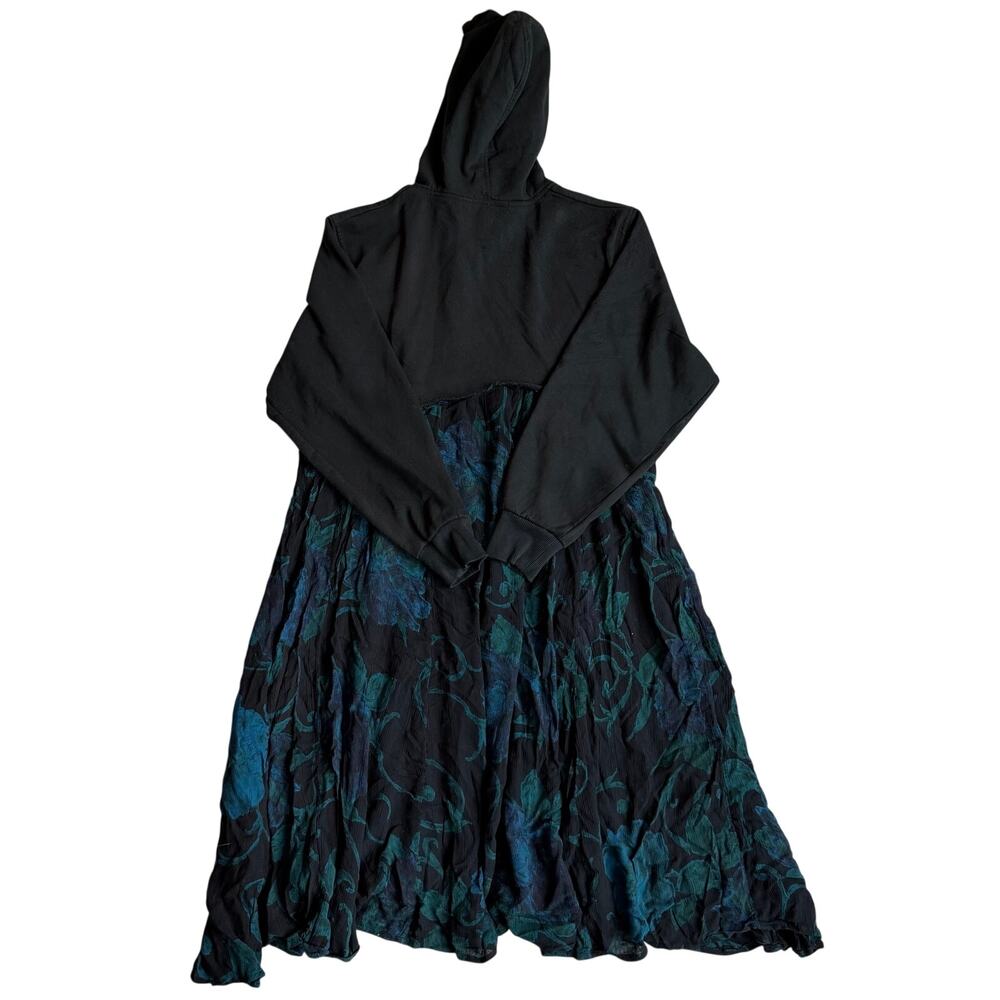 Hooded Floral Midi Dress Women's Est. Med Black Blue Hooded Boho Long Sleeve - Picture 3 of 9